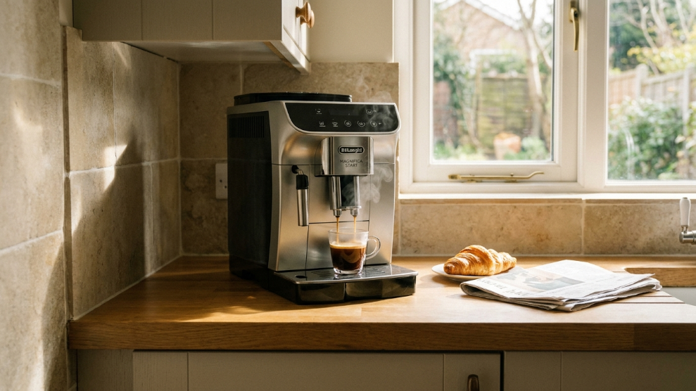 De'Longhi Magnifica Start bean to cup coffee machine silver and black on a UK kitchen counter dispensing espresso