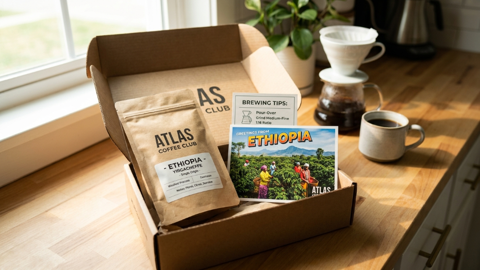 Open coffee subscription box showing kraft paper bag, origin postcard, and tasting notes card.
