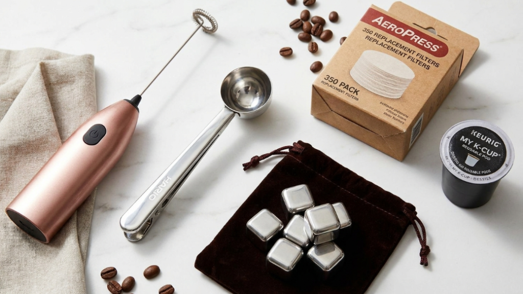 Coffee accessory gifts under 25 dollars showing handheld electric milk frother in rose gold Hario stainless steel measuring scoop AeroPress replacement filter papers 350 pack whiskey stones in velvet pouch and reusable K-Cup pod as practical everyday stocking stuffer gifts