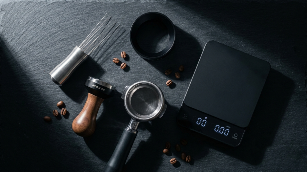 Coffee snob precision accessory gifts showing WDT distribution tool in stainless steel dosing funnel in black aluminium Normcore V4 58mm calibrated tamper bottomless portafilter and Timemore Black Mirror Basic scale as precision gifts for espresso home baristas