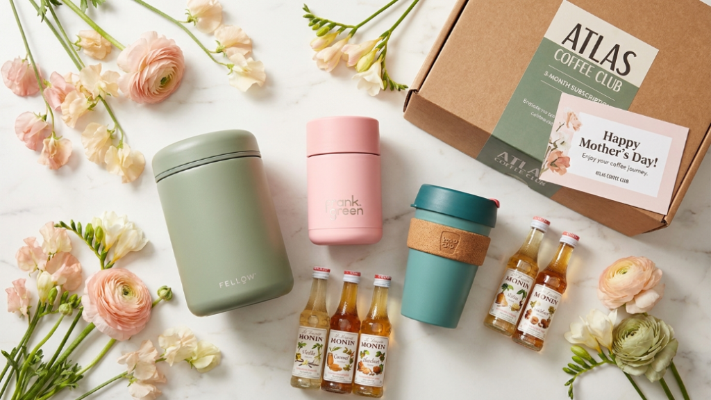 Mother's Day coffee sweet spot gifts under 50 pounds showing Fellow Atmos canister in sage green Atlas Coffee Club 3-month subscription gift box Frank Green 8oz reusable cup in blush KeepCup Brew Cork in teal and Monin coffee syrup set as the best mid-range mothers day coffee gifts