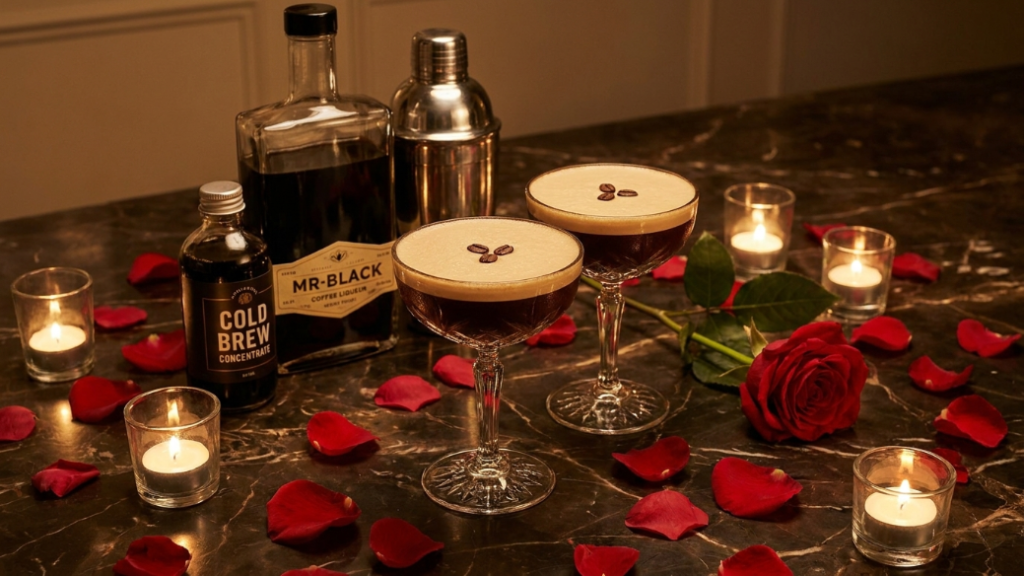 Valentine's Day espresso martini kit showing Mr Black coffee liqueur bottle cold brew concentrate cocktail shaker two coupe glasses with espresso martini and coffee beans garnish as the most romantic Valentine's Day coffee gift for couples
