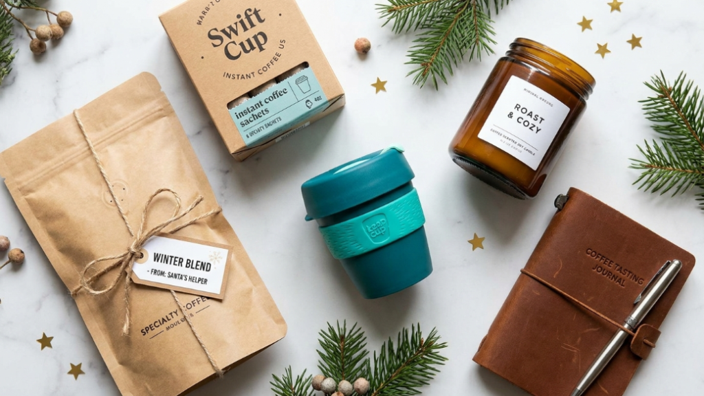 Secret Santa coffee sweet spot gifts under £20 and $25 showing specialty single origin coffee bag with kraft ribbon Swift Cup specialty instant coffee packets KeepCup 4oz mini in teal coffee scented soy candle and coffee tasting journal as universally appreciated office-safe Secret Santa ideas