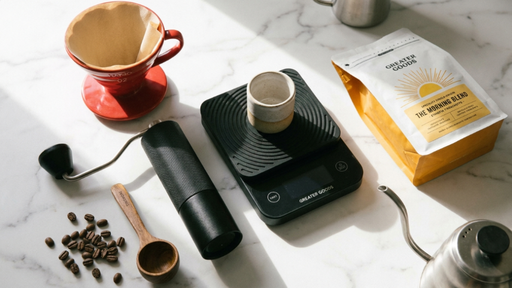 Pour-over coffee starter kit showing Hario V60 ceramic dripper in red with filter papers measuring scoop TIMEMORE C2 manual grinder Greater Goods precision scale and specialty light-medium roast single origin coffee bag arranged as the complete pour-over coffee starter kit gift