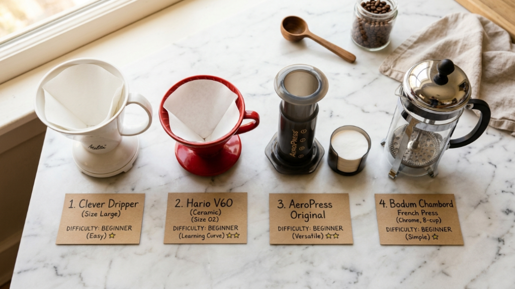 Beginner coffee brewer gifts showing Clever Coffee Dripper in white as most beginner-friendly Hario V60 ceramic dripper in red as the specialty classic AeroPress Original as the versatile all-rounder and Bodum Chambord French press as the zero-technique option as the four best first coffee brewers for beginners