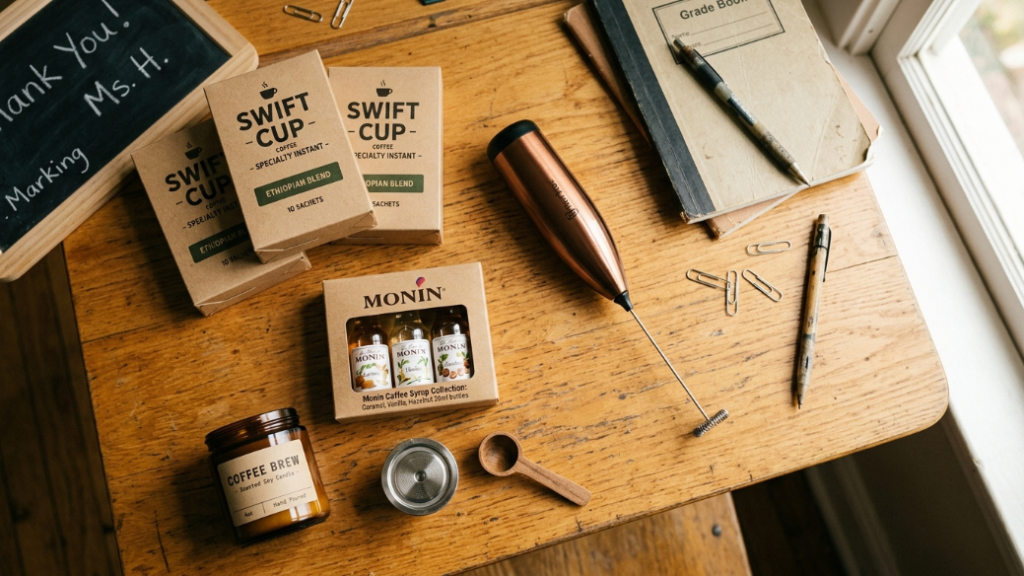 Teacher coffee gifts under £20 and $25 showing Swift Cup specialty instant coffee packets handheld milk frother in copper Monin coffee syrup set coffee scented soy candle and reusable Nespresso pod as practical daily-use teacher appreciation coffee gifts