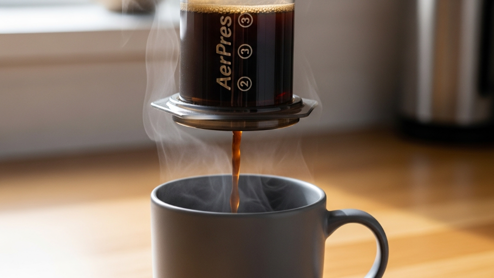 AeroPress coffee maker with plunger being pressed over a mug of coffee.