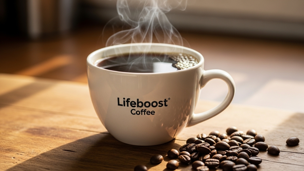 Freshly brewed Lifeboost Coffee in a white ceramic mug with whole beans on a wooden surface.