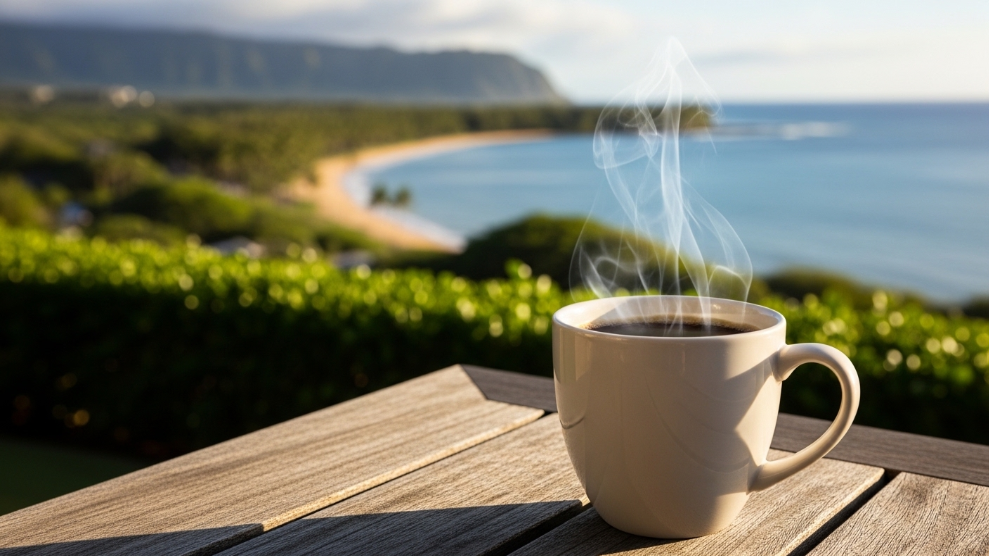 Freshly brewed Koa Coffee 100% Kona in a white ceramic cup with Hawaiian volcanic landscape background