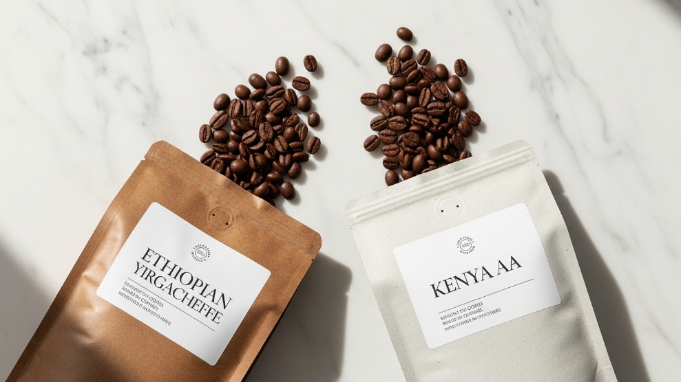 Volcanica Coffee Ethiopian Yirgacheffe and Kenya AA single origin bags side by side.