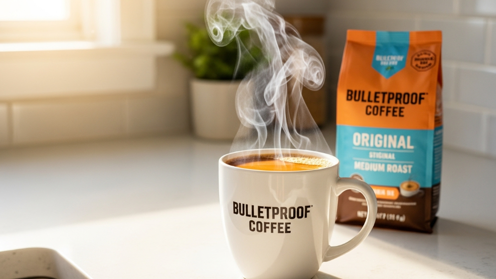 Bulletproof Coffee Original Medium Roast brewed black in a white mug showing rich amber colour