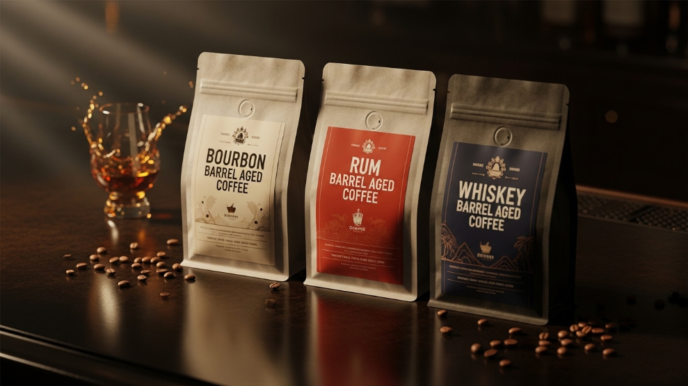 Fire Dept Coffee spirit infused range showing bourbon rum and whiskey barrel aged coffee bags