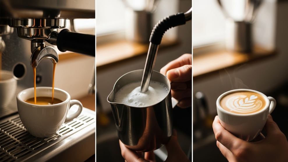 How to make a flat white at home showing espresso machine pulling ristretto shots and milk being steamed to microfoam