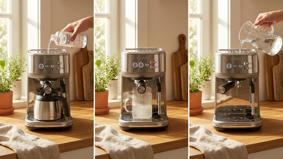 Step by step coffee machine descaling process showing solution in reservoir machine running descale cycle and rinsing with clean water