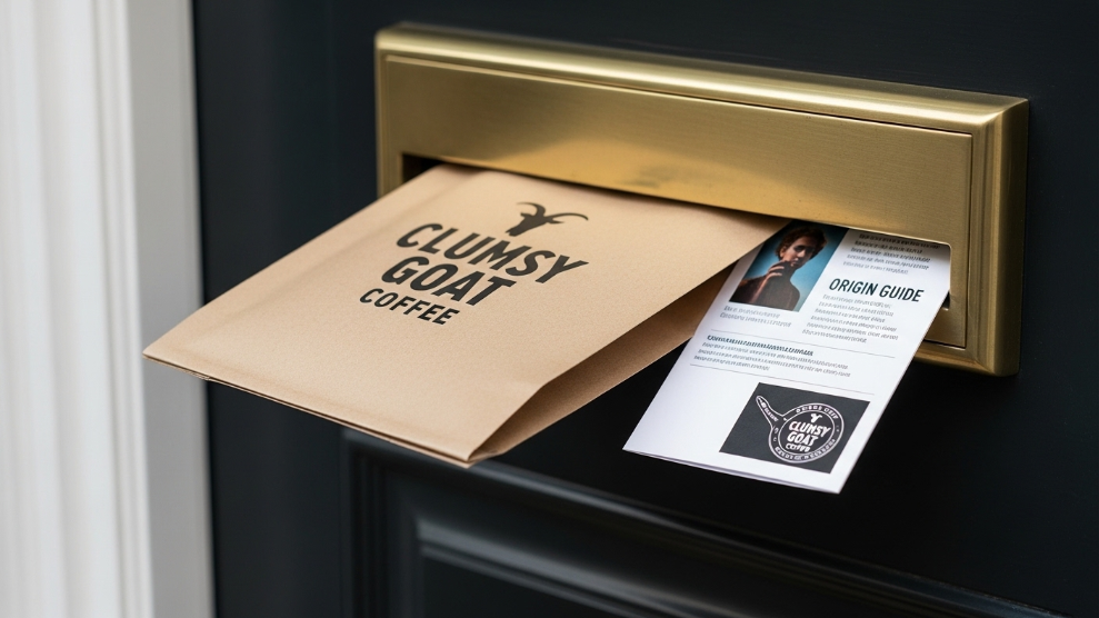 Clumsy Goat Coffee Roast of the Month subscription bag arriving through a UK letterbox with origin guide card