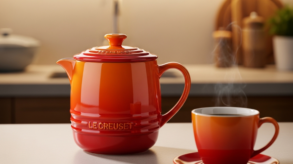 Le Creuset Stoneware Cafetiere in Volcanic orange with three ring lid design on a kitchen counter showing premium build quality