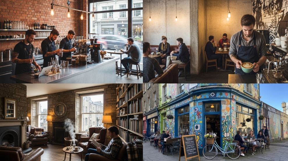 Collage of specialty coffee shop scenes from London Manchester Edinburgh and Bristol showing diverse UK coffee culture.