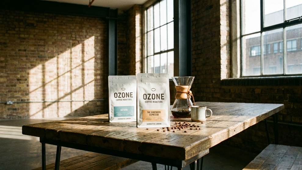 Ozone Coffee Roasters specialty bags from Shoreditch London with B-Corp certification logo visible