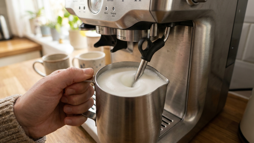 Milk being steamed in a small stainless steel jug with a Breville steam wand showing the correct velvety microfoam swirl for an Australian flat white