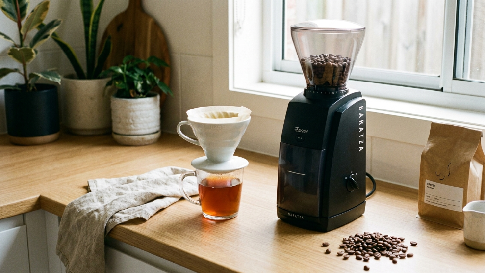 Baratza Encore electric coffee grinder in black on a kitchen bench with pour-over coffee dripper