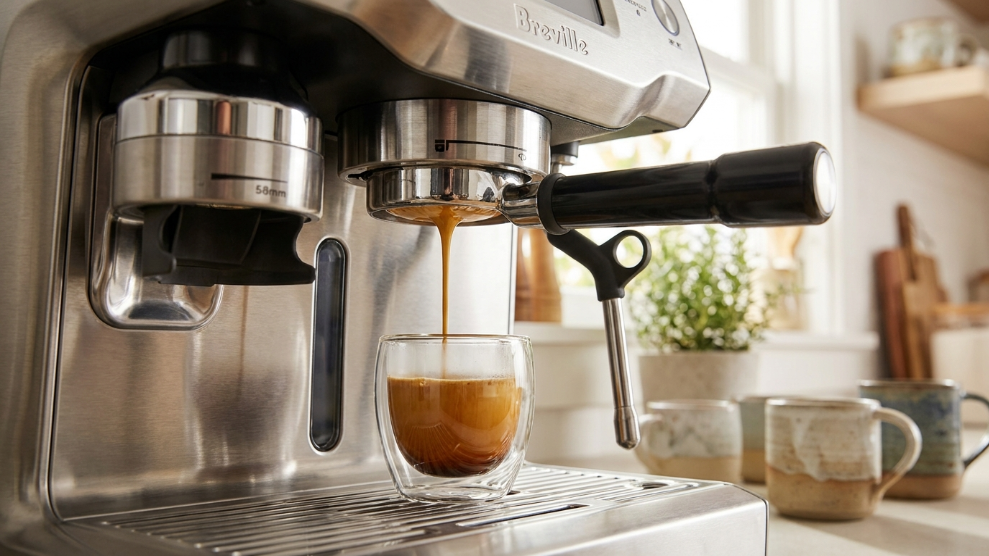 Breville Oracle Touch pulling a perfect double espresso shot with thick golden crema into a small glass cup