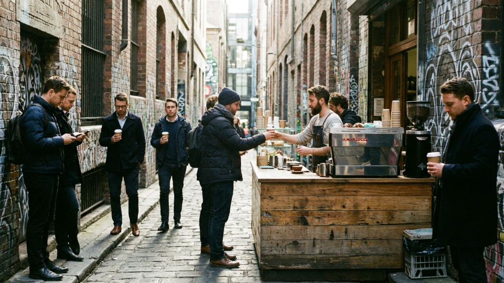 Melbourne CBD laneway coffee culture showing a small specialty espresso bar in a narrow bluestone alley with outdoor stools and commuters getting takeaway flat whites
