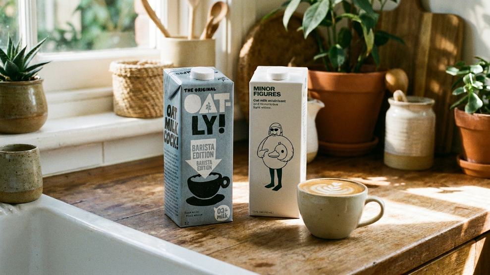 Oatly Barista Edition and Minor Figures oat milk cartons beside a flat white cup showing Australia's most popular barista oat milks