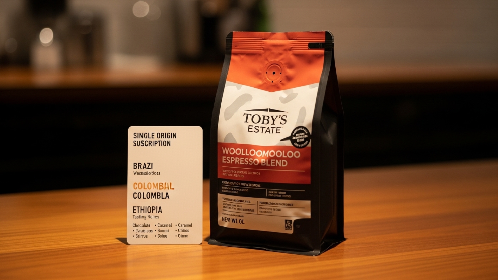 Toby's Estate coffee subscription bag showing Woolloomooloo Espresso Blend with origin details on a wooden surface