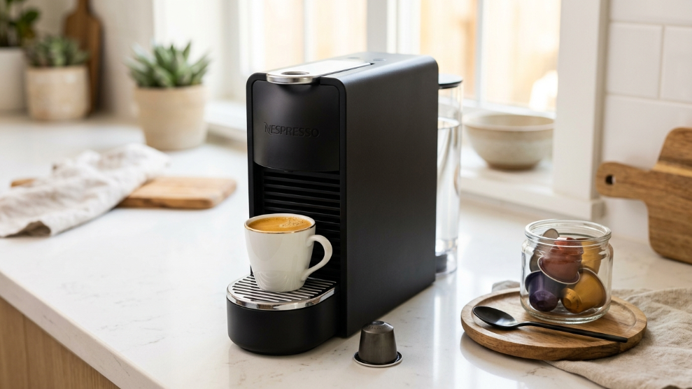 Nespresso Essenza Mini Original Line machine on a white kitchen bench pulling a true espresso shot with rich golden crema