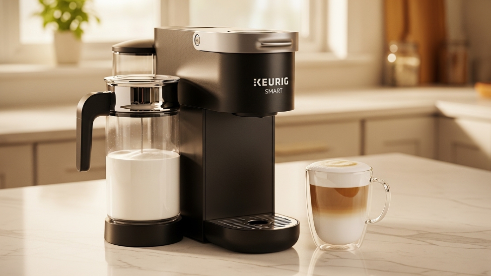 Keurig K-Cafe SMART coffee maker with built-in milk frother making a latte on a kitchen countertop