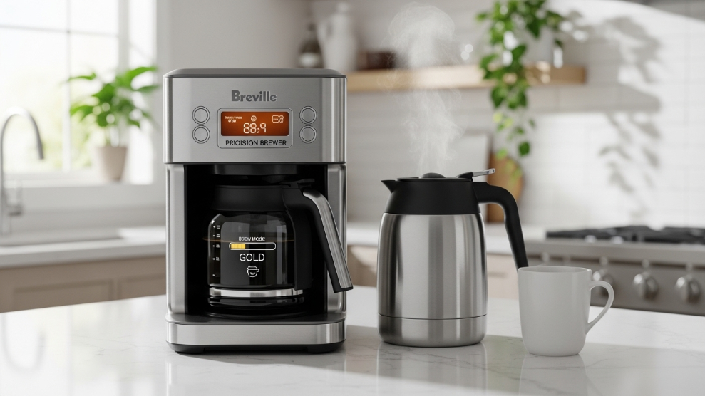 Breville Precision Brewer drip coffee maker in brushed stainless steel showing the digital display with brew mode settings beside a thermal carafe
