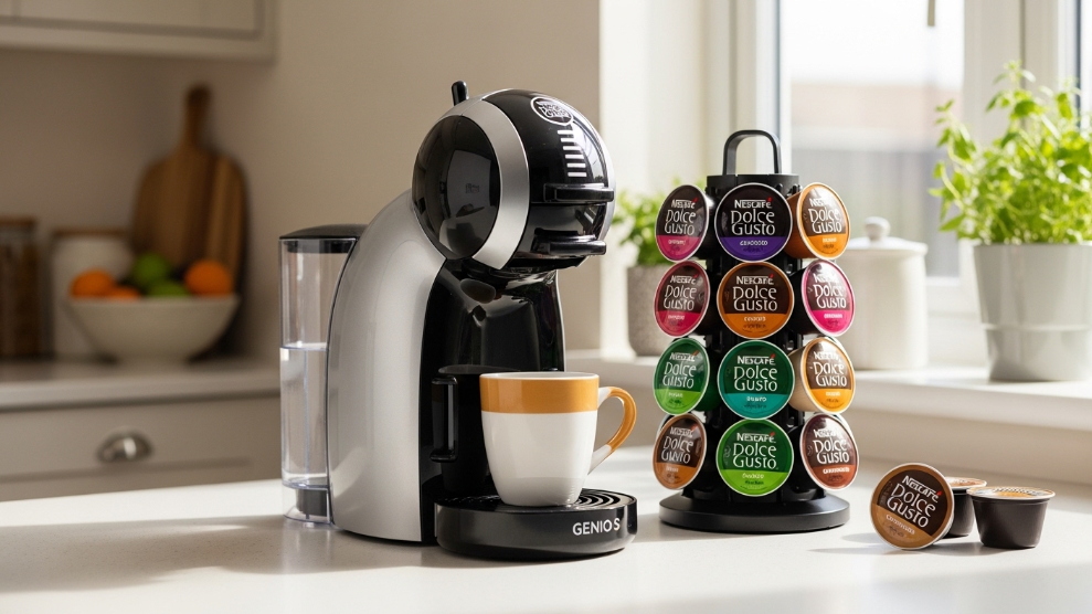 Nescafé Dolce Gusto Genio S Plus pod coffee machine with colourful coffee and hot chocolate pods arranged beside it on a UK kitchen counter