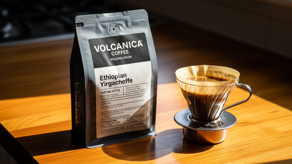 Volcanica Coffee Ethiopian Yirgacheffe bag with volcanic region sourcing details and tasting notes on a warm timber kitchen bench