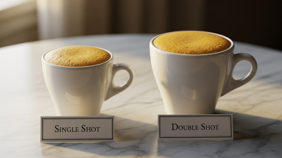 Single and double espresso shots in glass demitasse cups showing caffeine content comparison