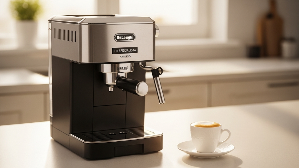 De'Longhi La Specialista Arte Evo compact espresso machine in stainless steel and black on a kitchen bench with espresso cup