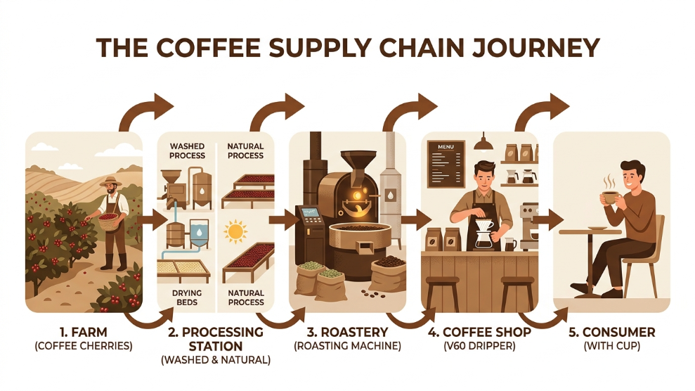 Specialty coffee supply chain diagram showing farm processing roaster and consumer stages