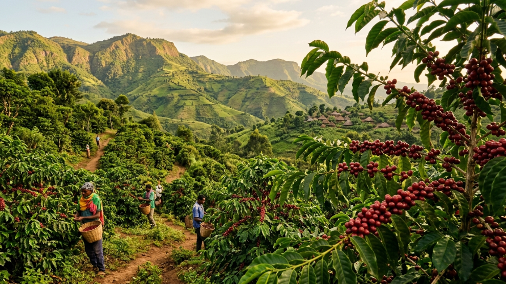 Coffee farm in Ethiopia Yirgacheffe region showing red coffee cherries on branches with mountains in background