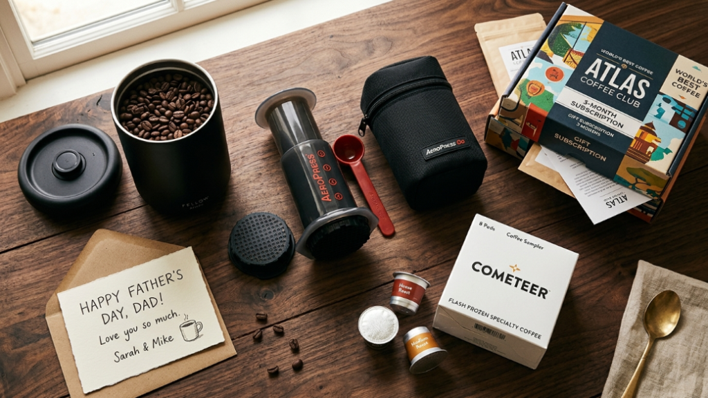 Coffee gifts for dad under 50 dollars showing Fellow Atmos vacuum canister in matte black AeroPress Go travel coffee maker in its travel bag Atlas Coffee Club 3 month subscription box and a Cometeer coffee sampler box as sweet spot Father's Day gift ideas