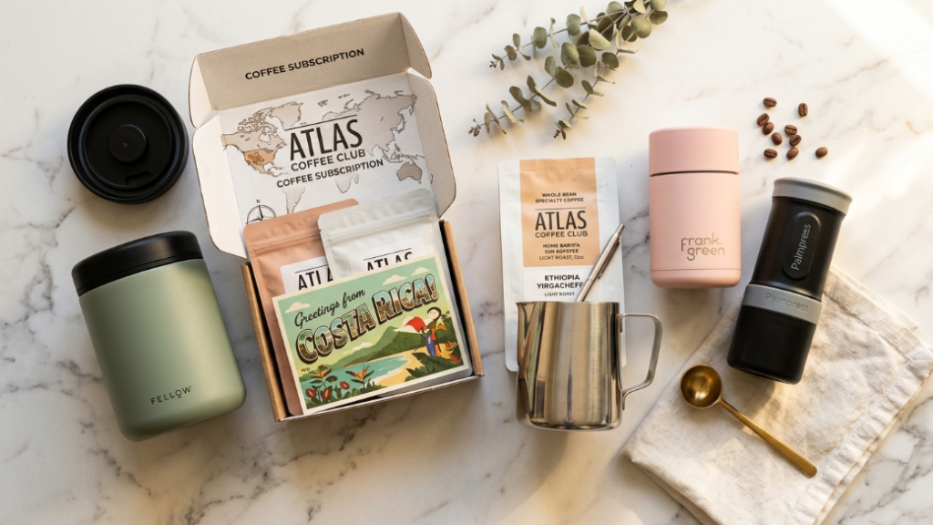 Coffee gifts for her under 50 dollars showing Fellow Atmos vacuum canister in sage green Atlas Coffee Club 3-month subscription box with country postcard home latte art kit with milk pitcher Frank Green 8oz reusable cup in blush and Palmpress portable coffee maker as sweet spot women's coffee gift ideas