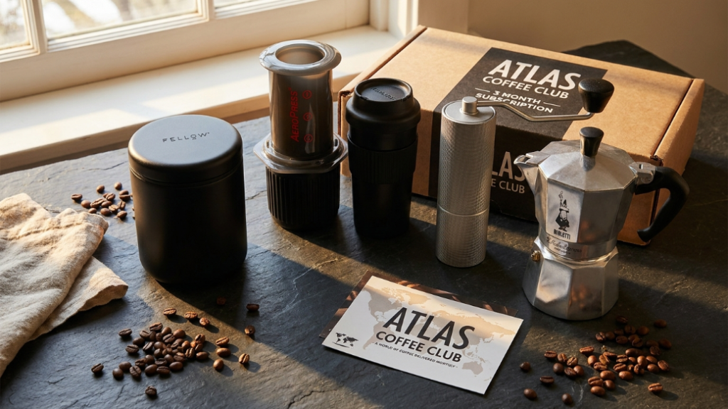 Coffee gifts for him under 50 dollars showing Fellow Atmos vacuum canister in matte black AeroPress Go travel coffee maker in its mug TIMEMORE C2 manual grinder in silver Bialetti Moka Express 6-cup and Atlas Coffee Club 3-month subscription box as the best sweet spot men's coffee gifts