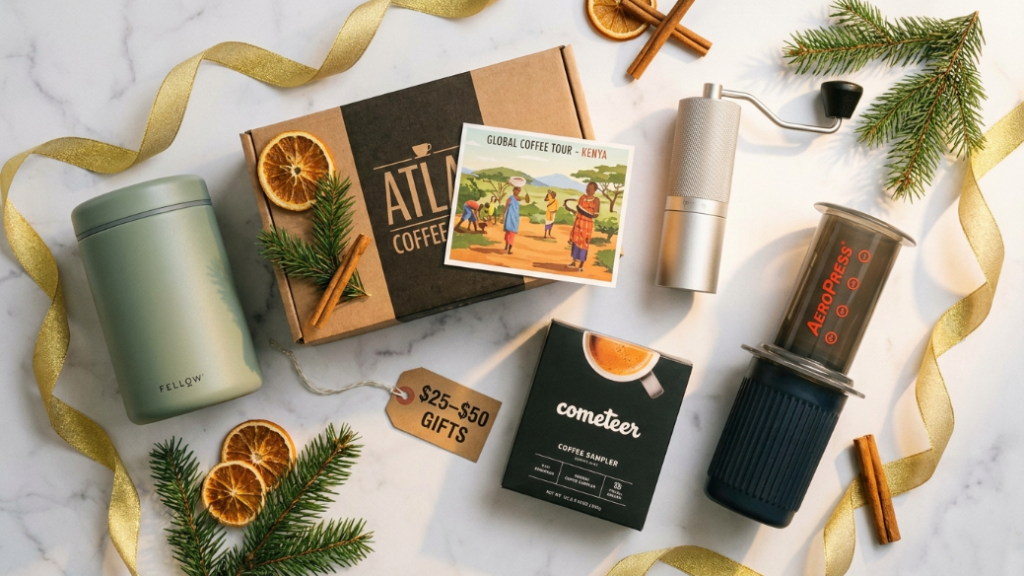 Christmas coffee sweet spot gifts under 50 dollars showing Fellow Atmos vacuum canister in sage green Atlas Coffee Club 3-month subscription box with postcard TIMEMORE C2 manual grinder Cometeer flash frozen coffee sampler and AeroPress Go in travel mug all with subtle Christmas gift ribbon decoration