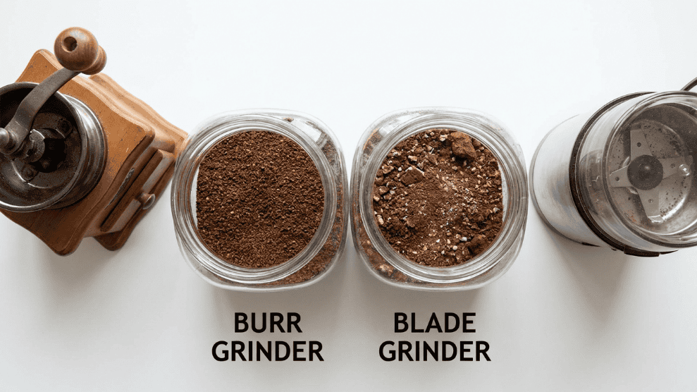 Burr grinder with uniform coffee grounds compared to blade grinder with uneven grounds