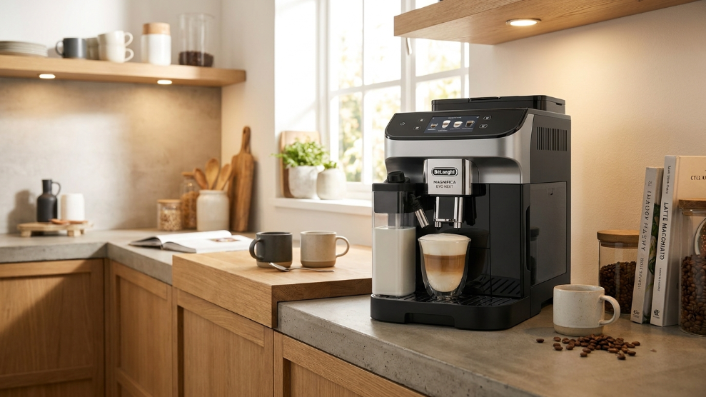De'Longhi Magnifica Evo Next bean to cup coffee machine with colour TFT touchscreen and LatteCrema milk system on a kitchen counter