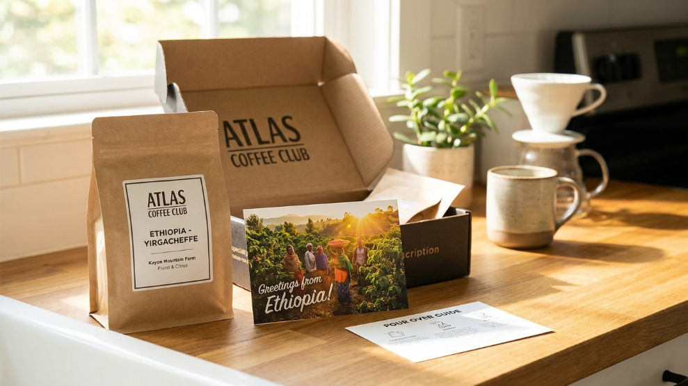 Atlas Coffee Club subscription box with specialty coffee bag and origin country postcard