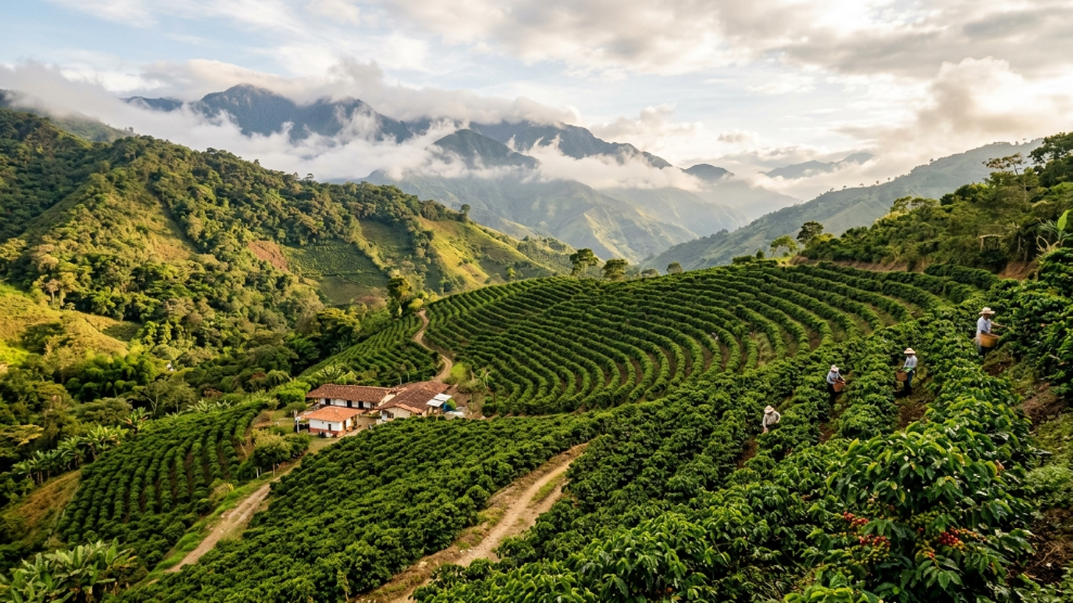 Colombian coffee farm in the Andes mountains showing coffee trees and mountain landscape