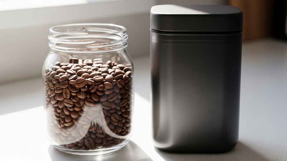 Side by side comparison of clear glass coffee jar and opaque matte storage canister showing correct and incorrect coffee storage