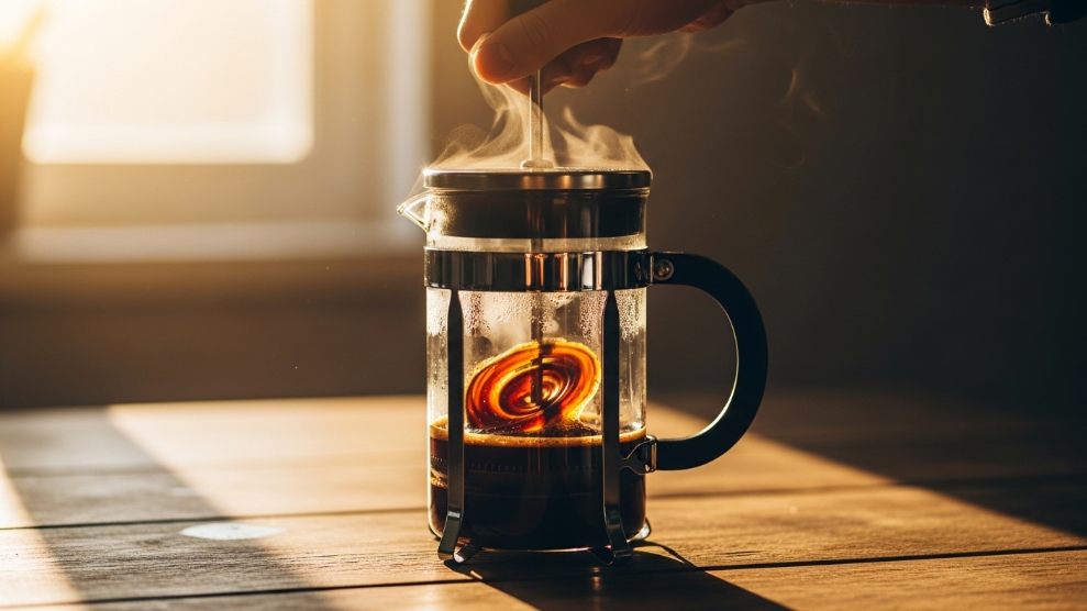 Glass French press cafetiere with freshly brewed coffee being plunged.