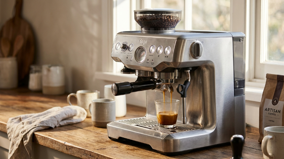 Sage Barista Express espresso machine with integrated grinder brushed stainless steel pulling an espresso shot