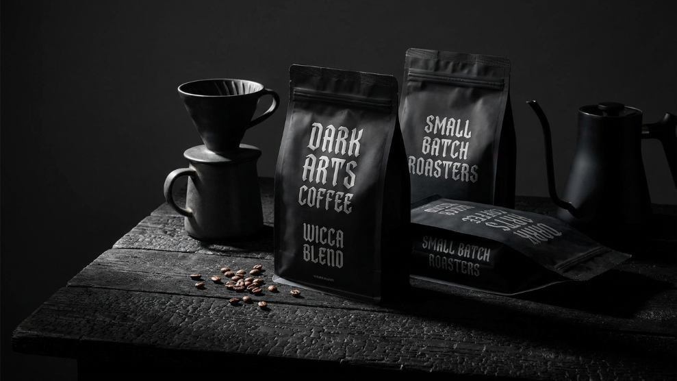 Dark Arts Coffee distinctive bold packaging bags from Hackney London with dark aesthetic branding