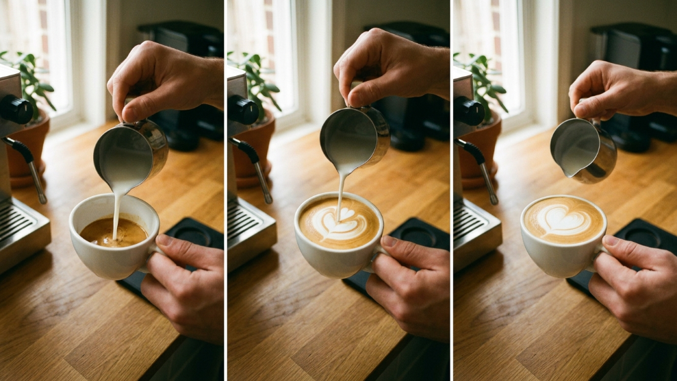 Flat white being poured with latte art technique showing the milk integrating with espresso creating a rosette pattern in a small white cup